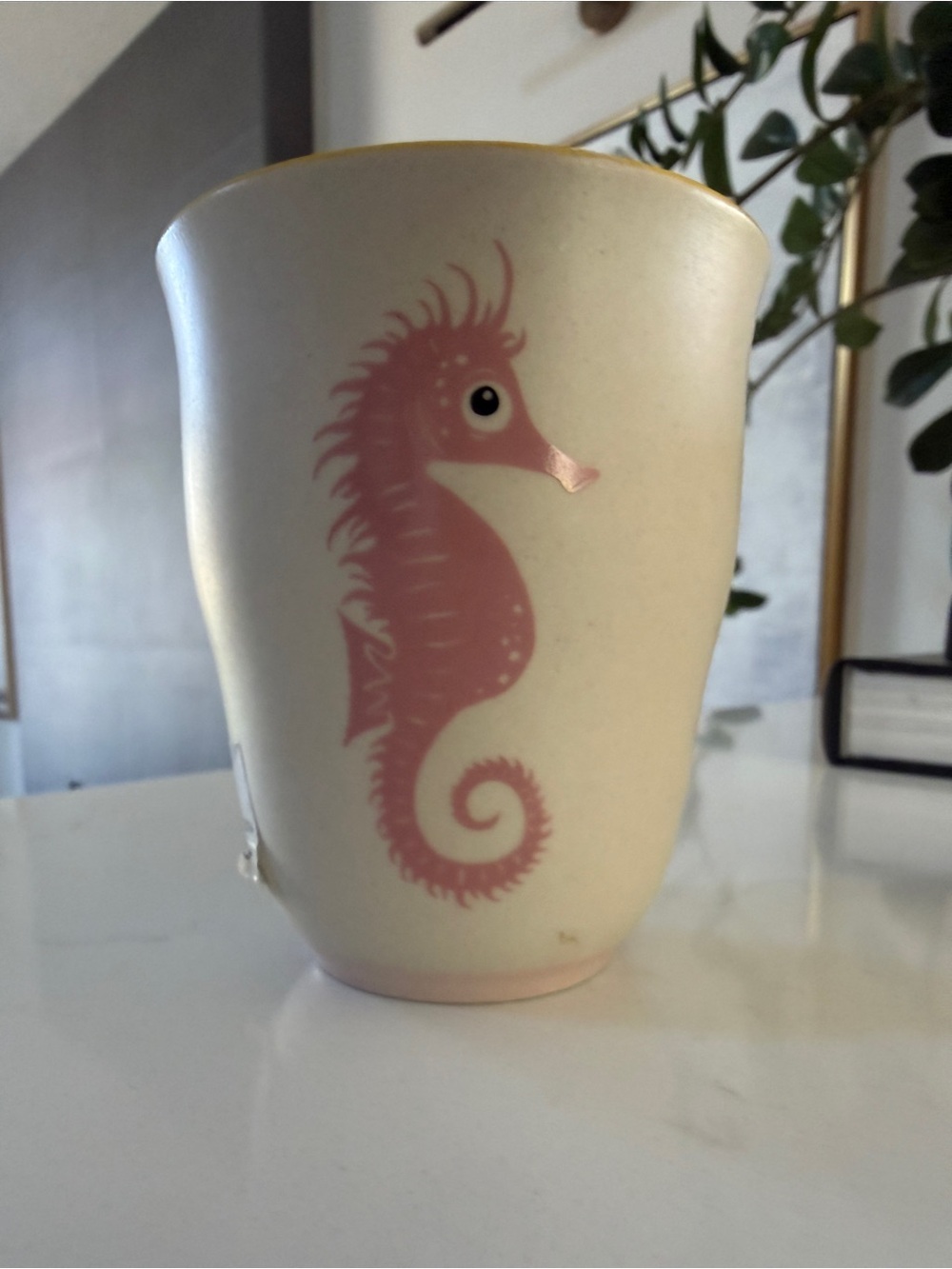 NWT - Bloomingville Cream Ceramic cup with Pink Seahorse